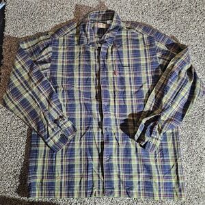 Levis Red Tab Mens Medium Green Navy Plaid Long Sleeve Button Up Cotton Shirt